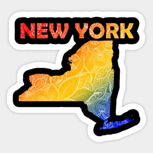 Colorful mandala art map of New York with text in blue, yellow, and red Sticker